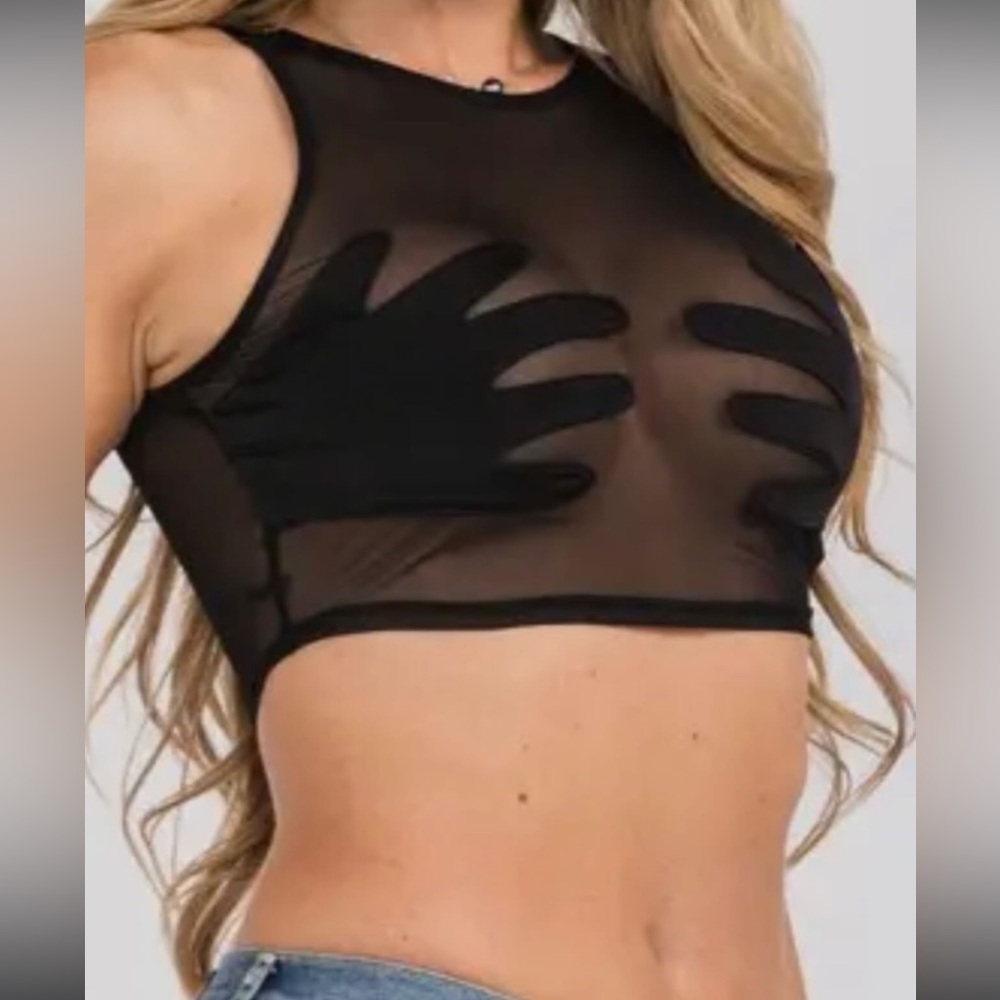 Black Sheer Crop Top with Hand Design